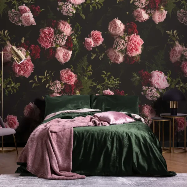 Pink & Black Dark Moody Floral Pattern Wallpaper Mural