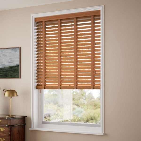 Warm Oak & Tan Faux Wood Blind - 50mm Slat